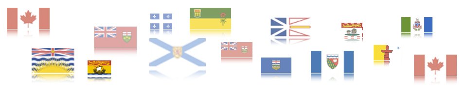 Canada, British Columbia, Alberta, Saskatechewan, Manitoba, Ontario, Quebec, New Brunswick, Nova Scotia, Newfoundland, PEI, Yukon, NWT, Nunavut